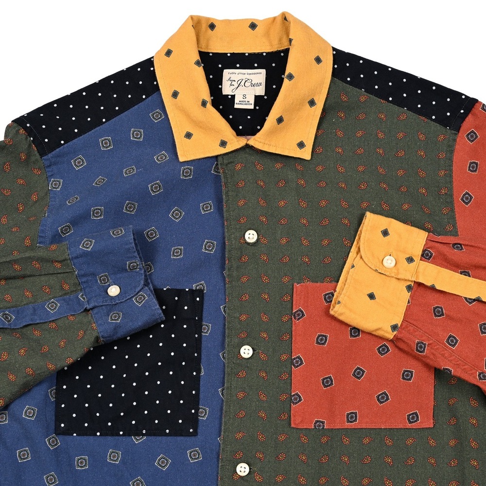 J Crew Shirt Men's Small Patchwork Button Up Wool Blend Challis Camp Collar